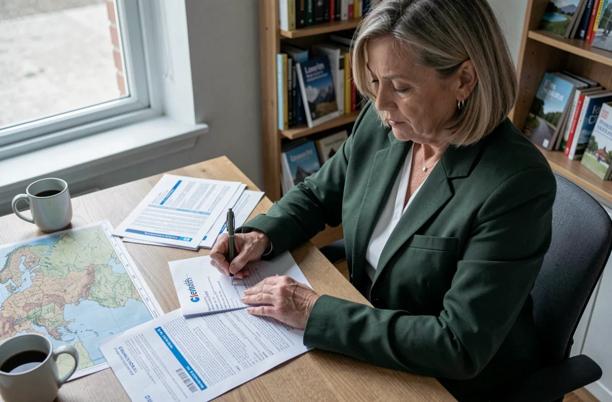 Femme préparant son assurance voyage Europe avec des documents et une carte sur un bureau à domicile
