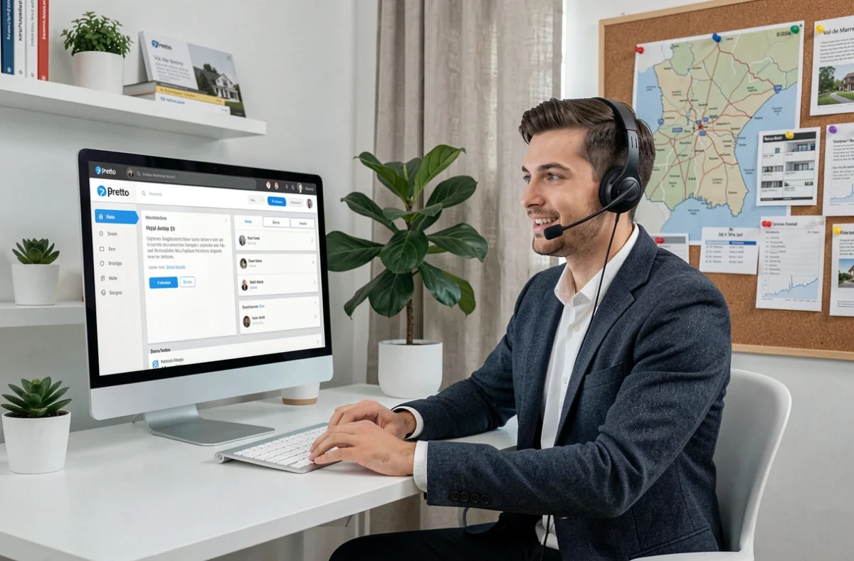 Un courtier digital Pretto travaille à distance depuis son bureau moderne, couvrant le Val-de-Marne via la plateforme de courtage en ligne