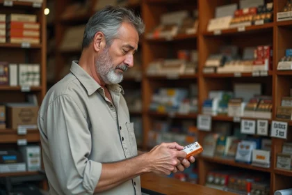 Un homme espagnol d'âge mûr examine un paquet de cigarettes dans un bureau de tabac à Madrid, illustrant l'évolution des prix du tabac Philip Morris en Espagne en 2026