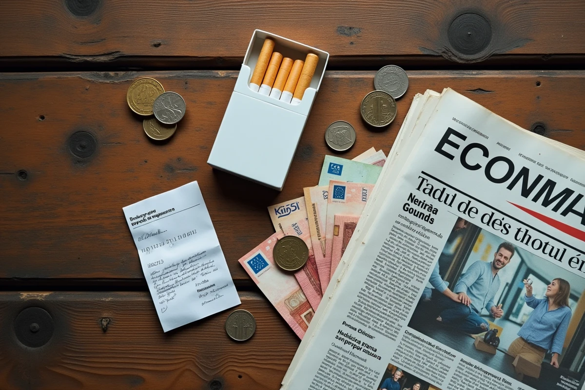 Vue aérienne d'un paquet de cigarettes entouré de pièces et billets en euros sur une table en bois, symbolisant l'impact financier de la hausse des prix du tabac Philip Morris en Espagne