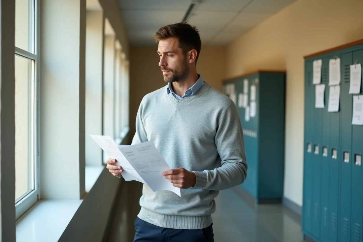 Professeur stagiaire consultant ses documents de salaire dans un couloir d'école