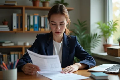 Professeure stagiaire analysant sa fiche de paie à son bureau à domicile