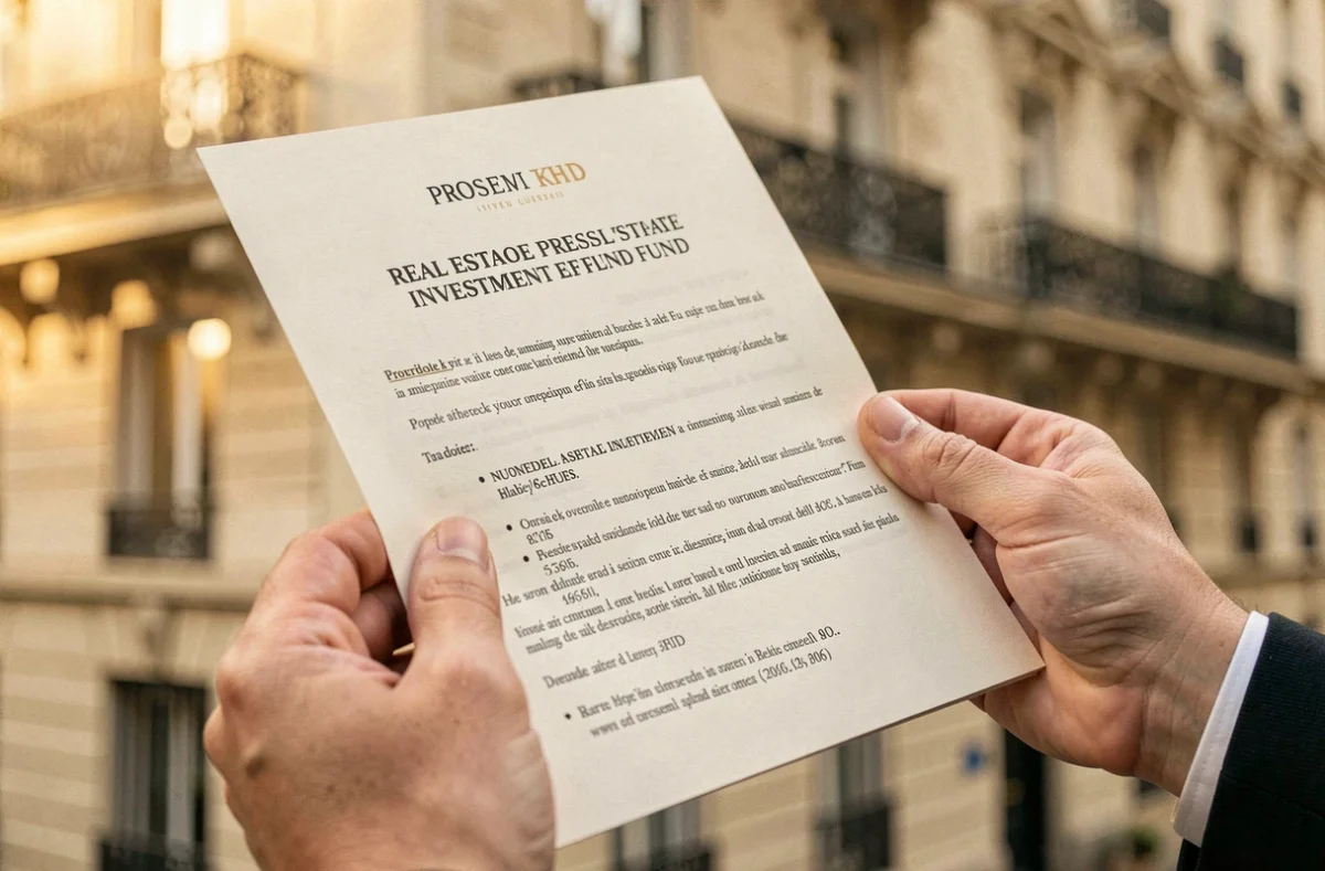 Mains tenant un prospectus de SCPI devant un immeuble parisien en arrière-plan flou