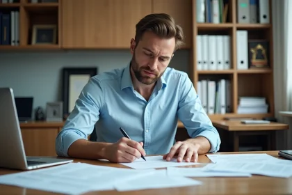 Homme remplissant un bordereau de situation amendes à son bureau à domicile avec des documents officiels