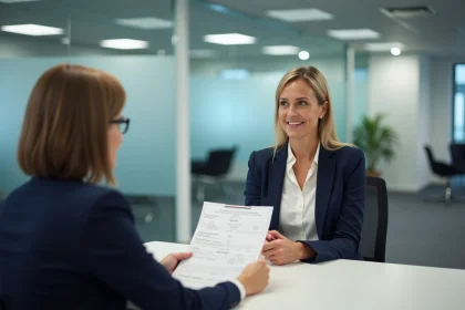 Femme prenant un rendez-vous physique au guichet d'un service administratif comme le SGC Mérignac