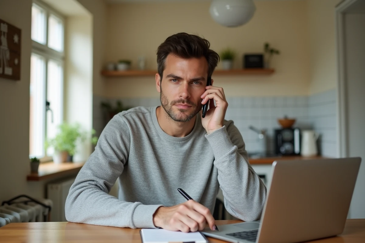 Homme passant un appel téléphonique pour prendre un rendez-vous avec le SGC Mérignac depuis chez lui