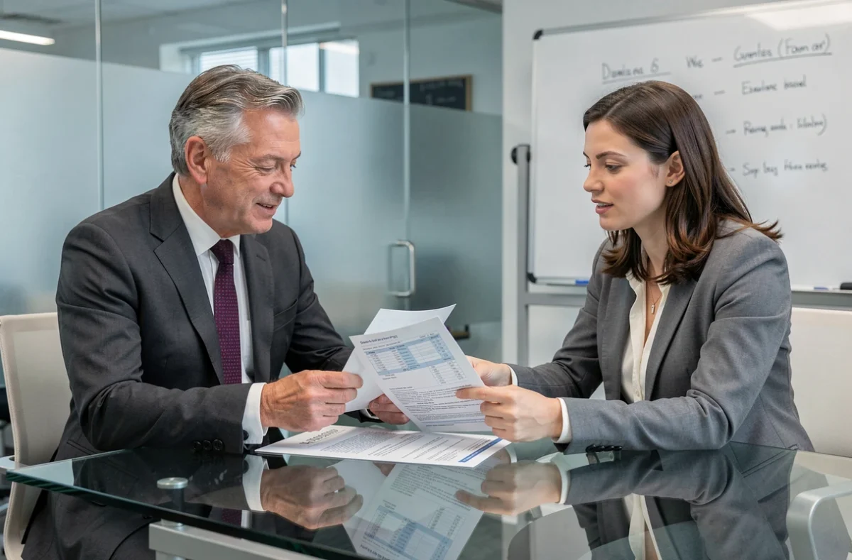 Deux professionnels en réunion comparant des devis d'assurance professionnelle