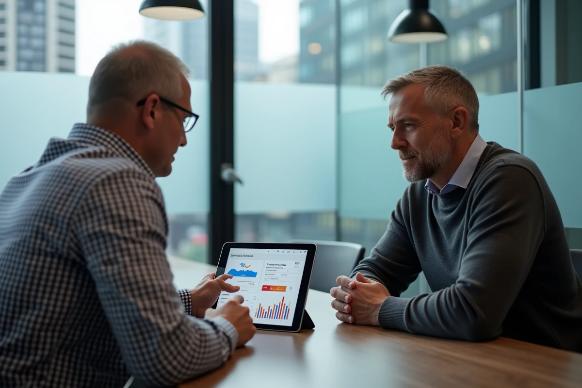 Deux membres d'une association en réunion avec un conseiller bancaire pour optimiser la gestion de leur compte professionnel