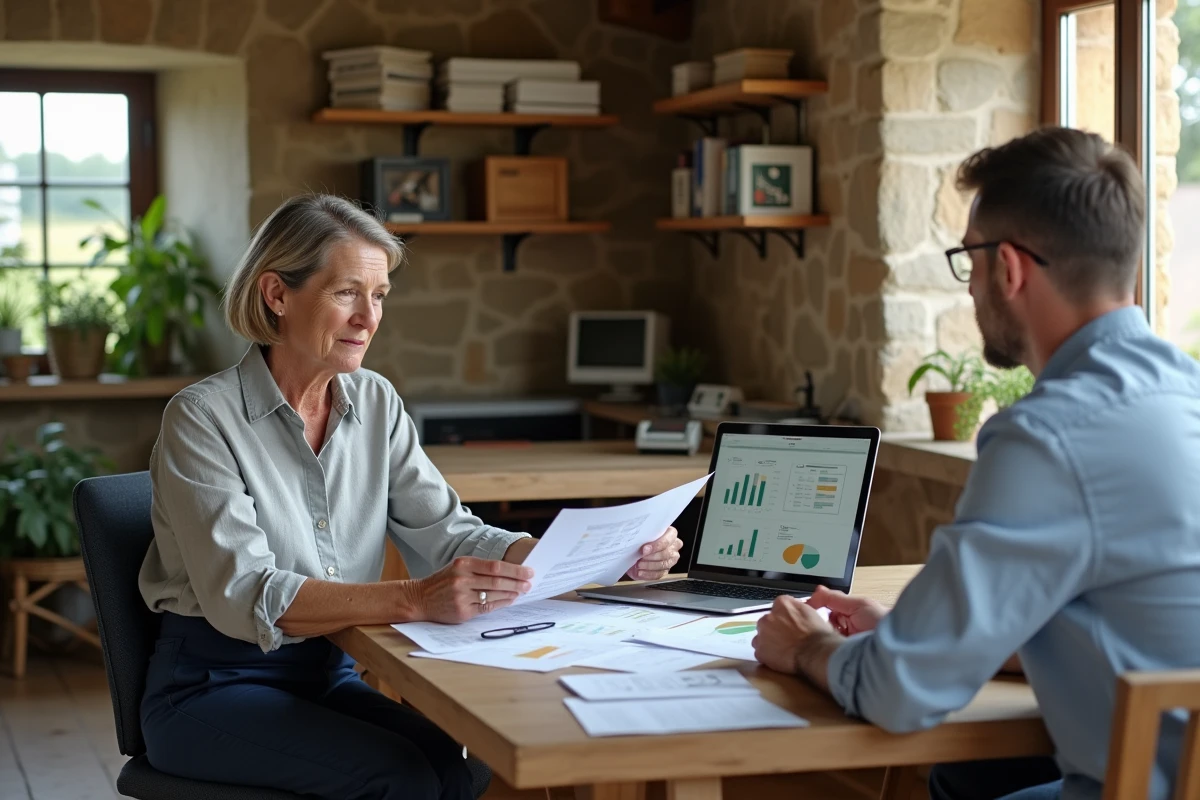 Agricultrice et conseiller agricole examinant ensemble des documents et des tableaux de prix du blé lors d'une réunion de fermage dans un bureau de ferme rustique