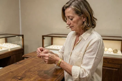 Femme examinant un bracelet en or 24 carats chez un revendeur professionnel de bijoux