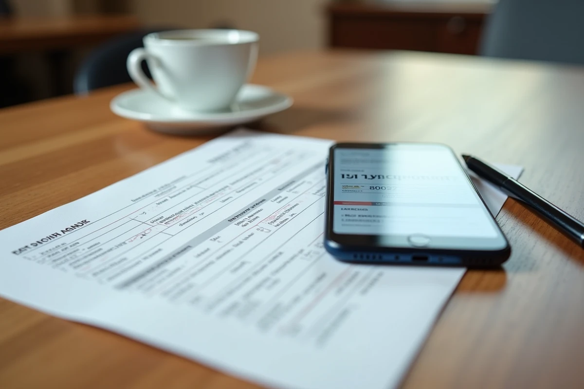RIB bancaire fran&ccedil;ais pos&eacute; sur une table avec smartphone affichant un IBAN pour mise &agrave; jour aupr&egrave;s de France Travail