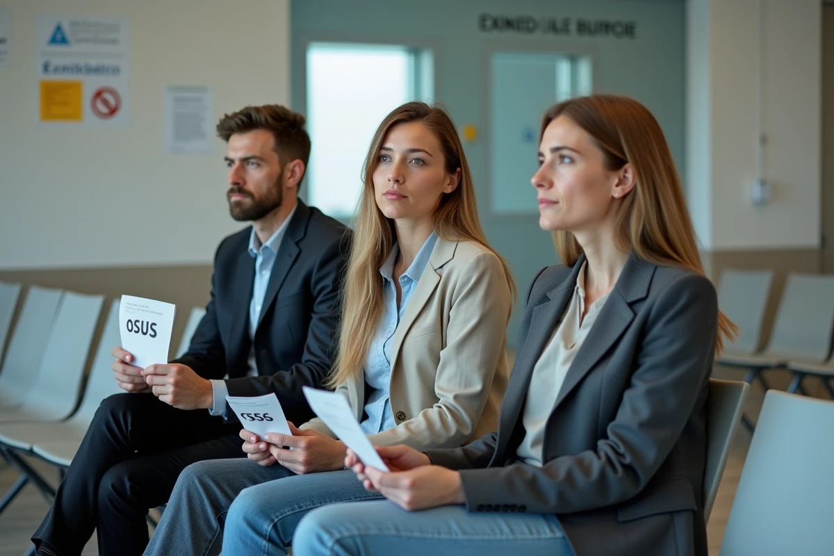Salle d'attente d'un service administratif public avec des usagers attendant leur rendez-vous au SGC Mérignac