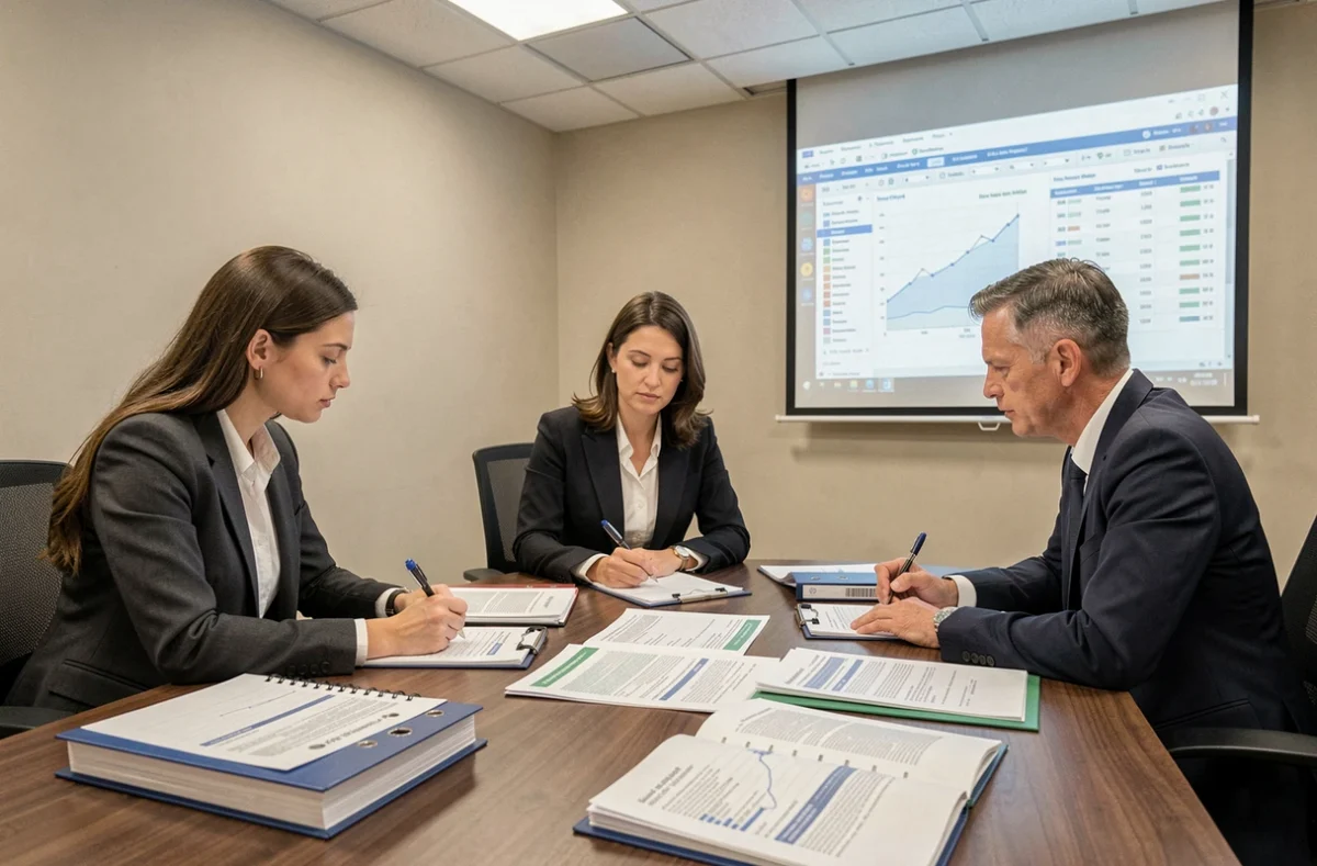 Équipe d'analystes de Secafi travaillant sur des rapports d'audit financier et de défiscalisation autour d'une table de réunion