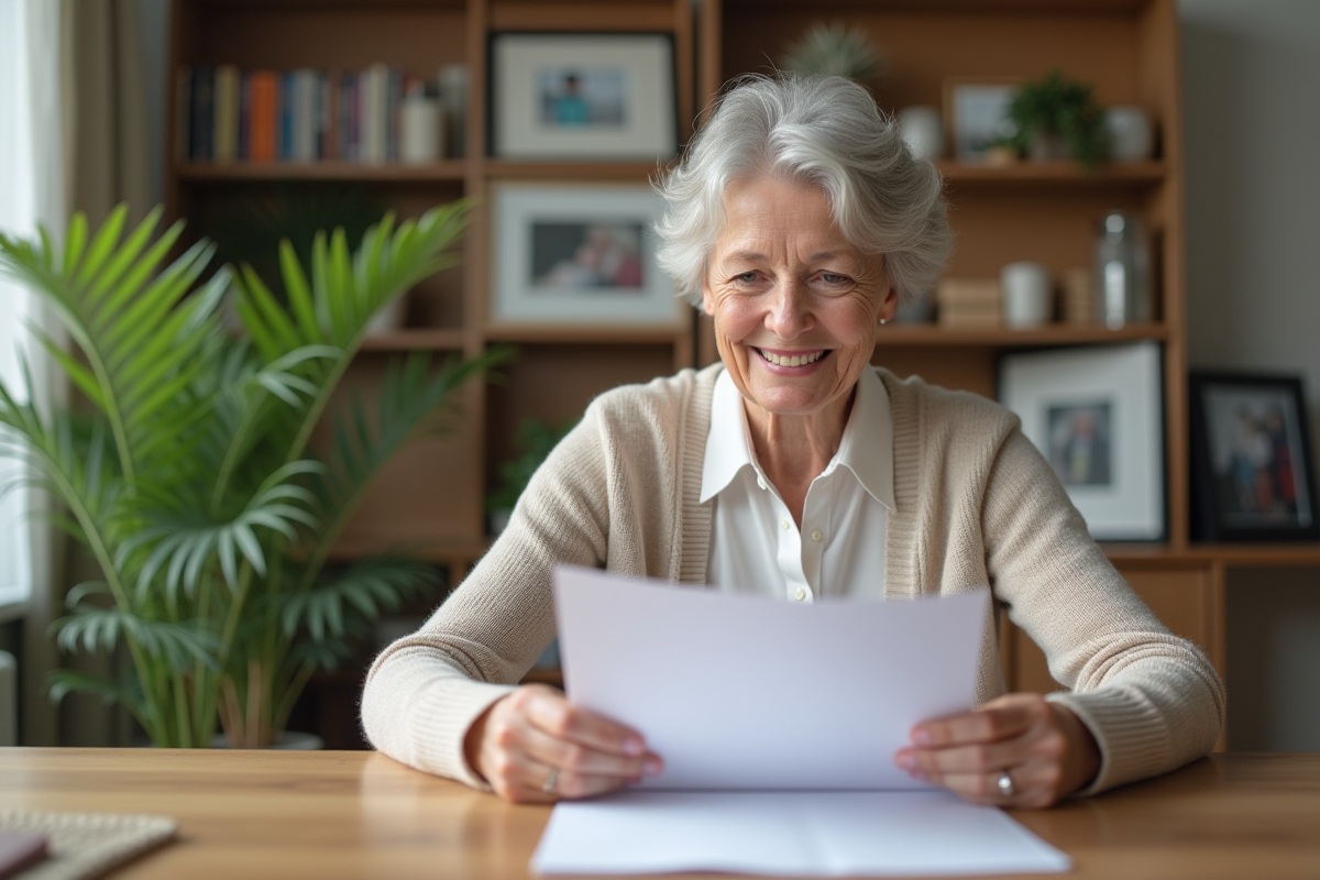 Femme senior souriante examine des documents de retraite à la maison