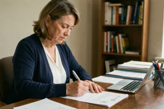 Femme remplissant un formulaire administratif de signalement à la CAF à son bureau à domicile
