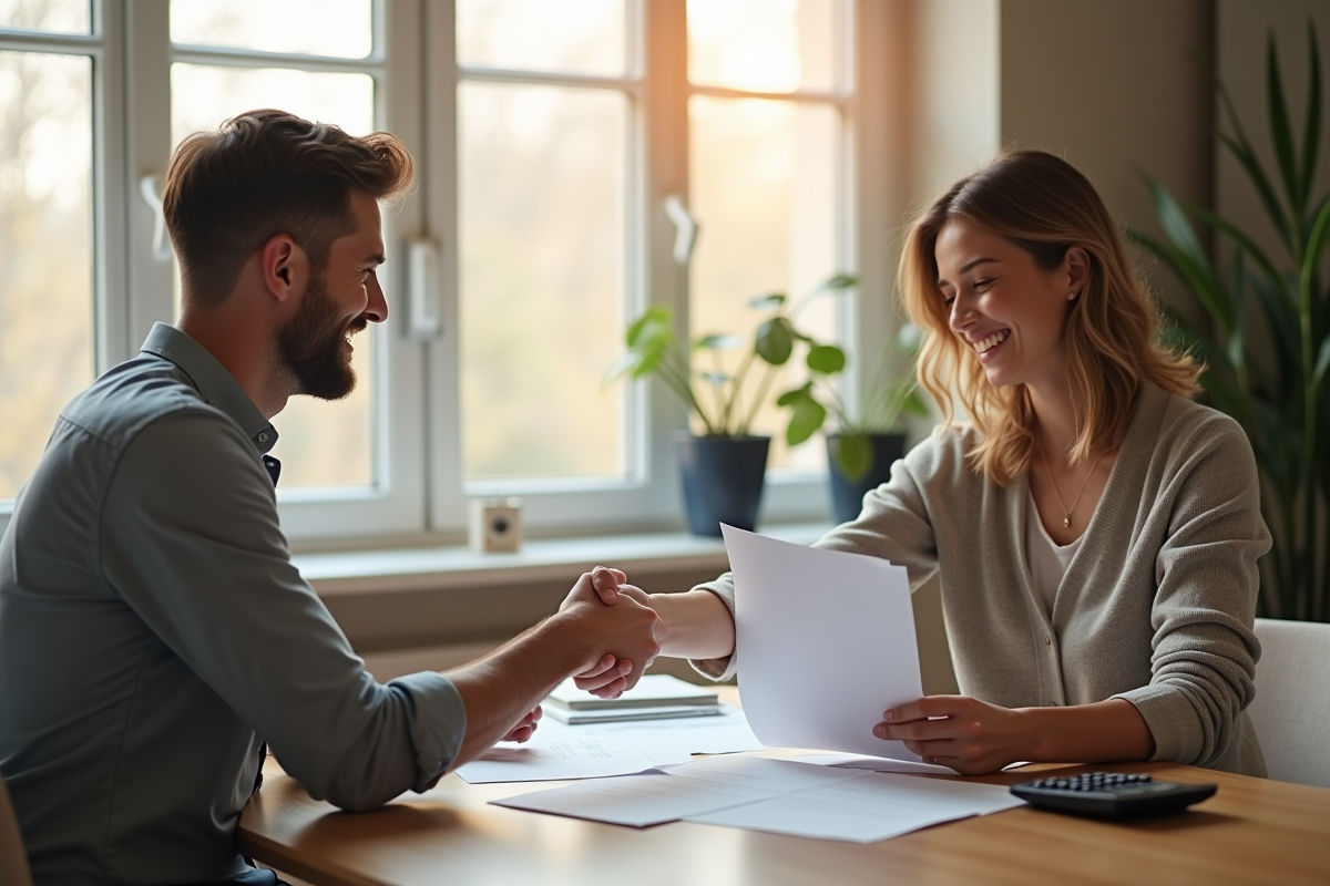 Homme et femme souriants signant un contrat à la maison