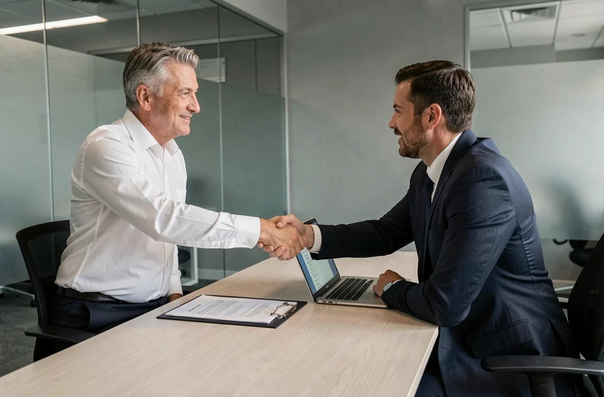 Client signant un contrat d'assurance vie SCPI avec un conseiller en gestion de patrimoine