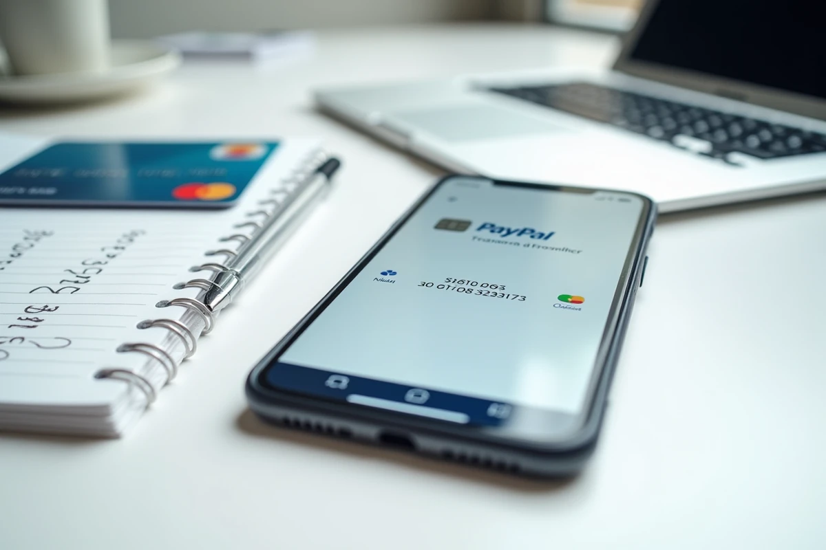 Gros plan sur un smartphone affichant l'historique des transactions PayPal avec un virement en attente sur un bureau professionnel