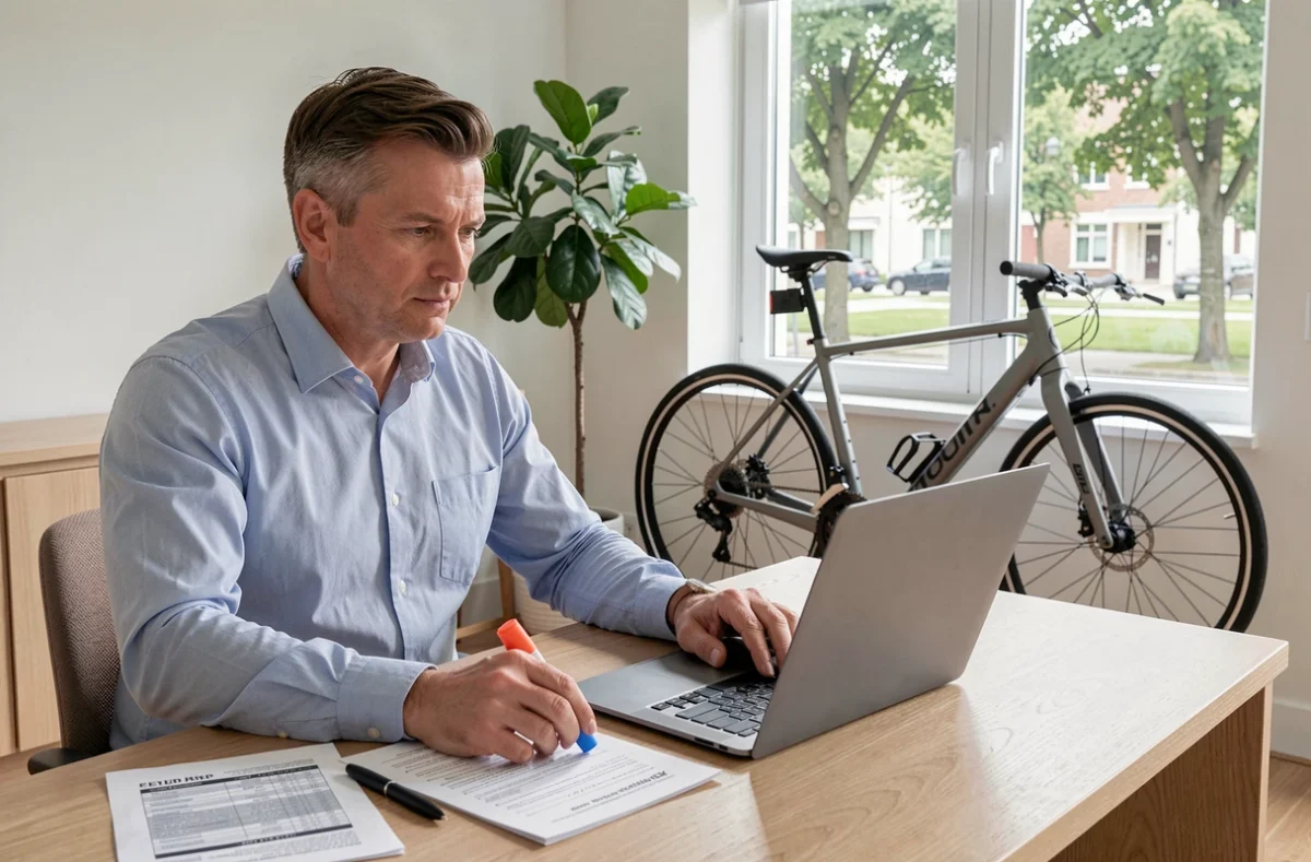 Homme consultant un contrat d'assurance pour vélo électrique à domicile, avec le vélo visible en arrière-plan