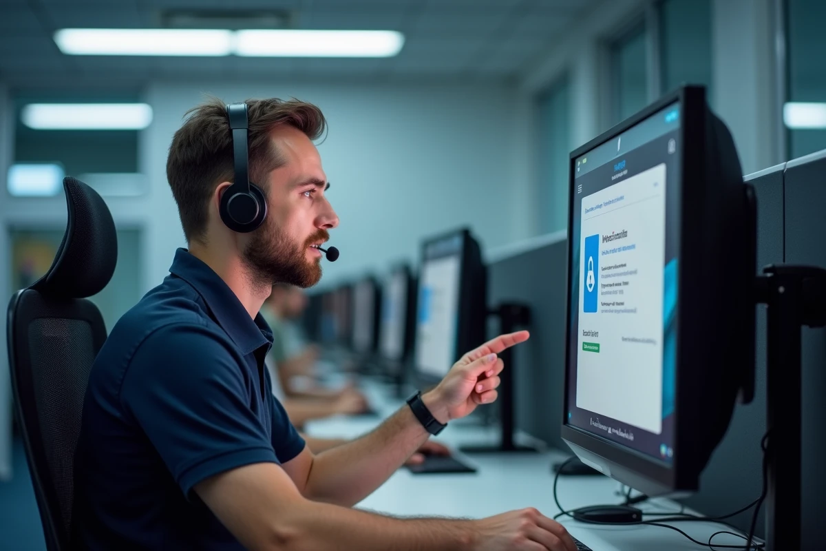 Un conseiller du support client gérant un compte suspendu depuis son poste de travail en centre d'appels