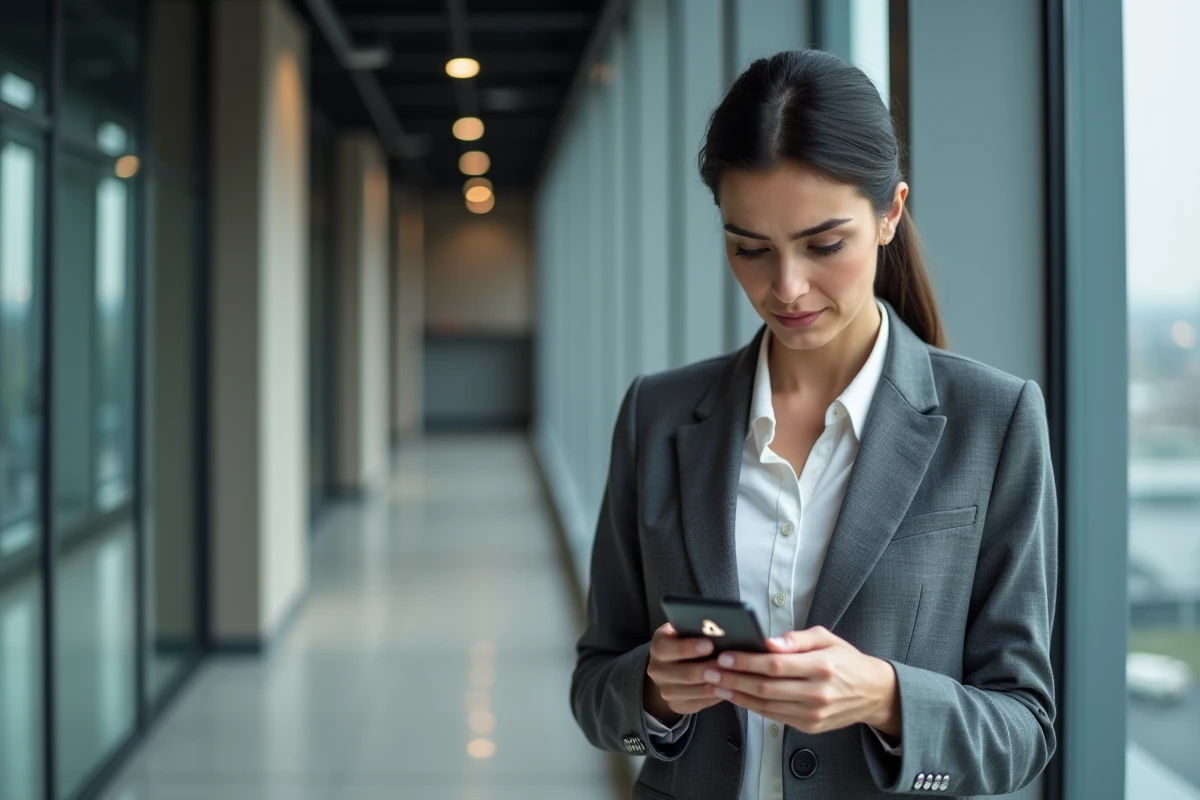 Une femme en entreprise consultant une notification de suspension de compte sur son smartphone