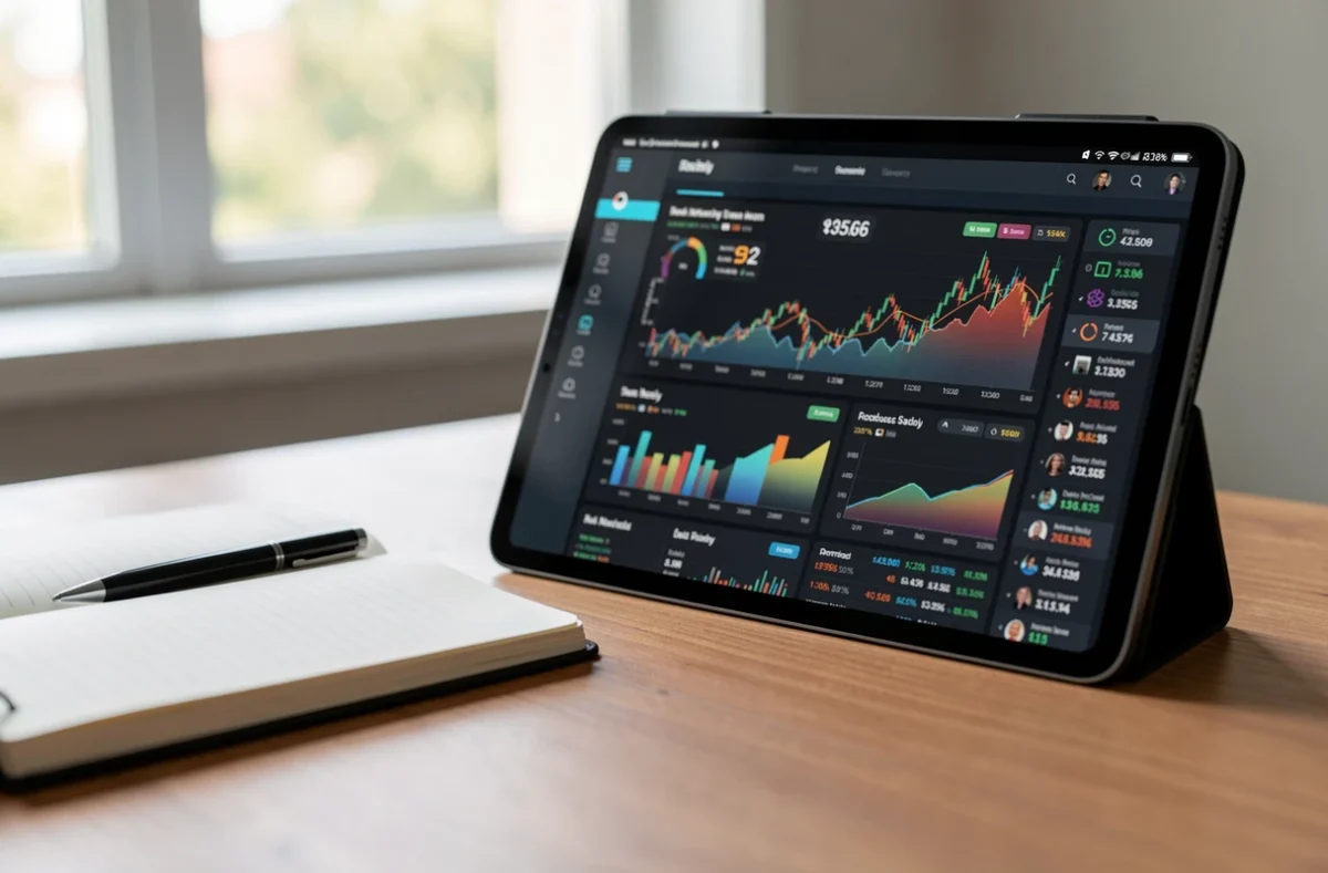 Tablette et carnet posés sur une table pour vérifier une plateforme de financement