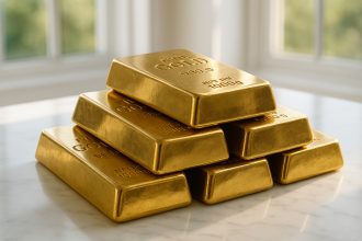 Photo hyperrealiste de lingots d or sur marbre blanc symbolisant stabilité