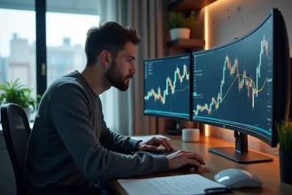Trader crypto analysant un pattern double bottom sur plusieurs écrans dans un bureau moderne à domicile