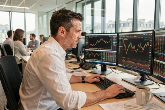 Trader parisien surveillant les marchés boursiers du CAC 40 et de la bourse de New York sur plusieurs écrans dans une salle de trading moderne