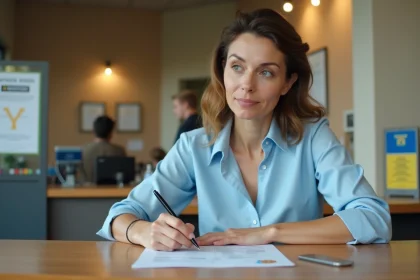 Femme remplissant un formulaire de transfert Western Union dans un bureau de poste moderne
