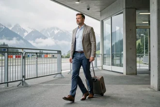 Travailleur frontalier franchissant un poste frontière suisse avec sa valise, illustrant le phénomène du travail frontalier attiré par les salaires minimum en Suisse
