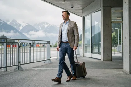 Travailleur frontalier franchissant un poste frontière suisse avec sa valise, illustrant le phénomène du travail frontalier attiré par les salaires minimum en Suisse