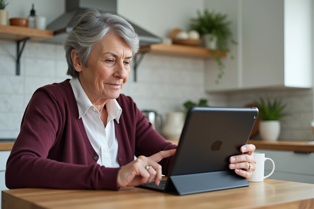 Femme d'âge mûr aidée par un tutoriel pour se connecter sans erreur à son espace bancaire sur tablette