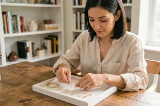 Femme arrangeant des bijoux en or sur un plateau de velours blanc pour les vendre en ligne depuis son bureau à domicile