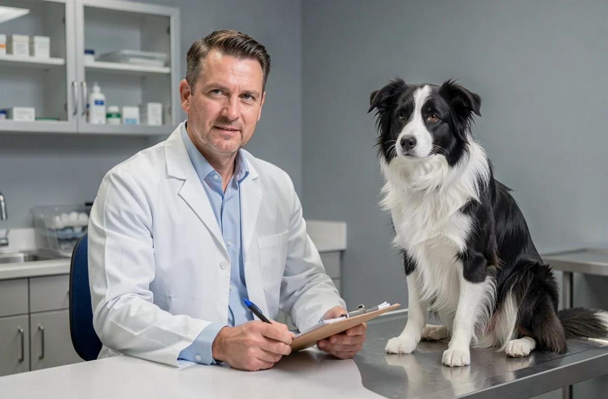 Vétérinaire en consultation avec un border collie dans une clinique vétérinaire moderne