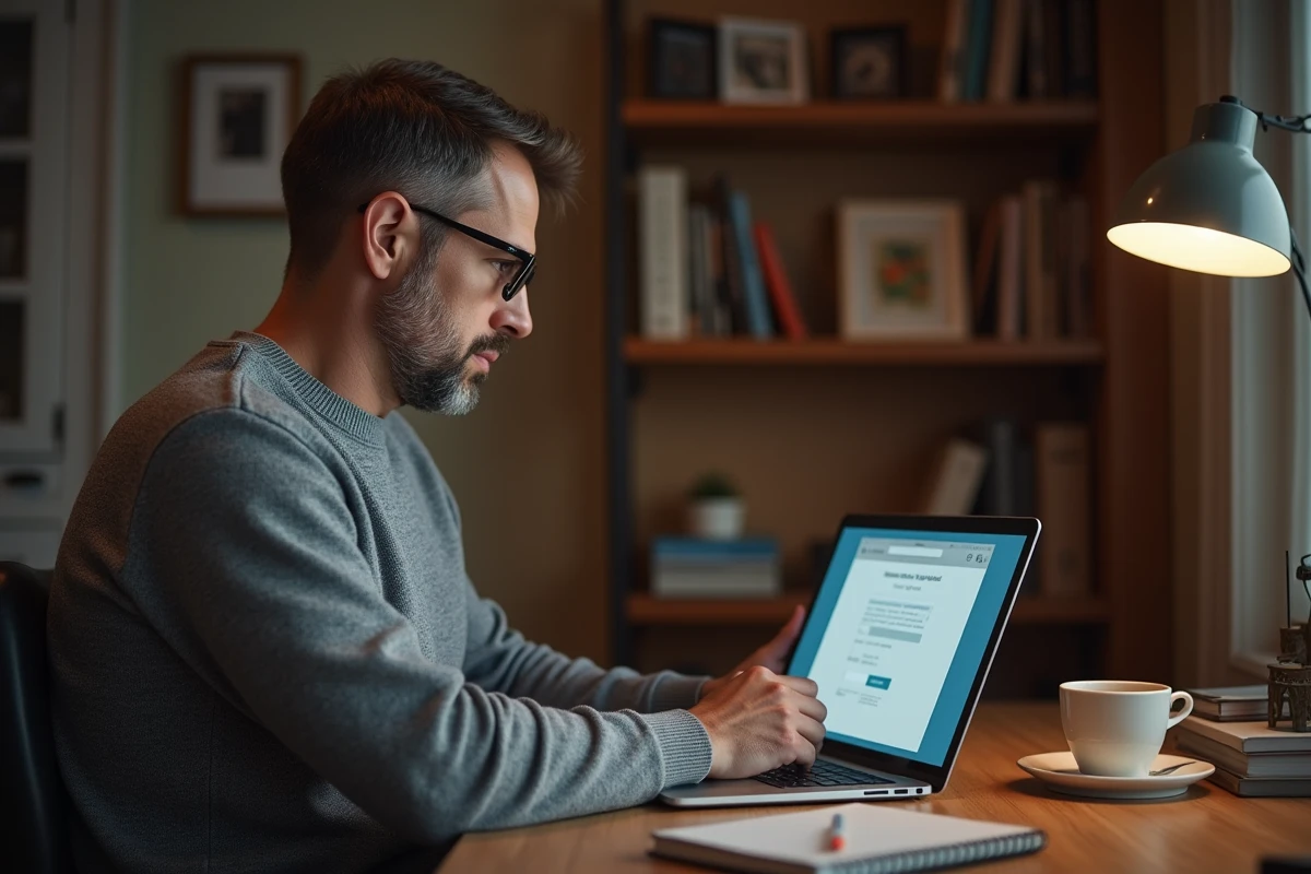 Homme effectuant un virement bancaire international depuis son bureau à domicile sur un ordinateur portable