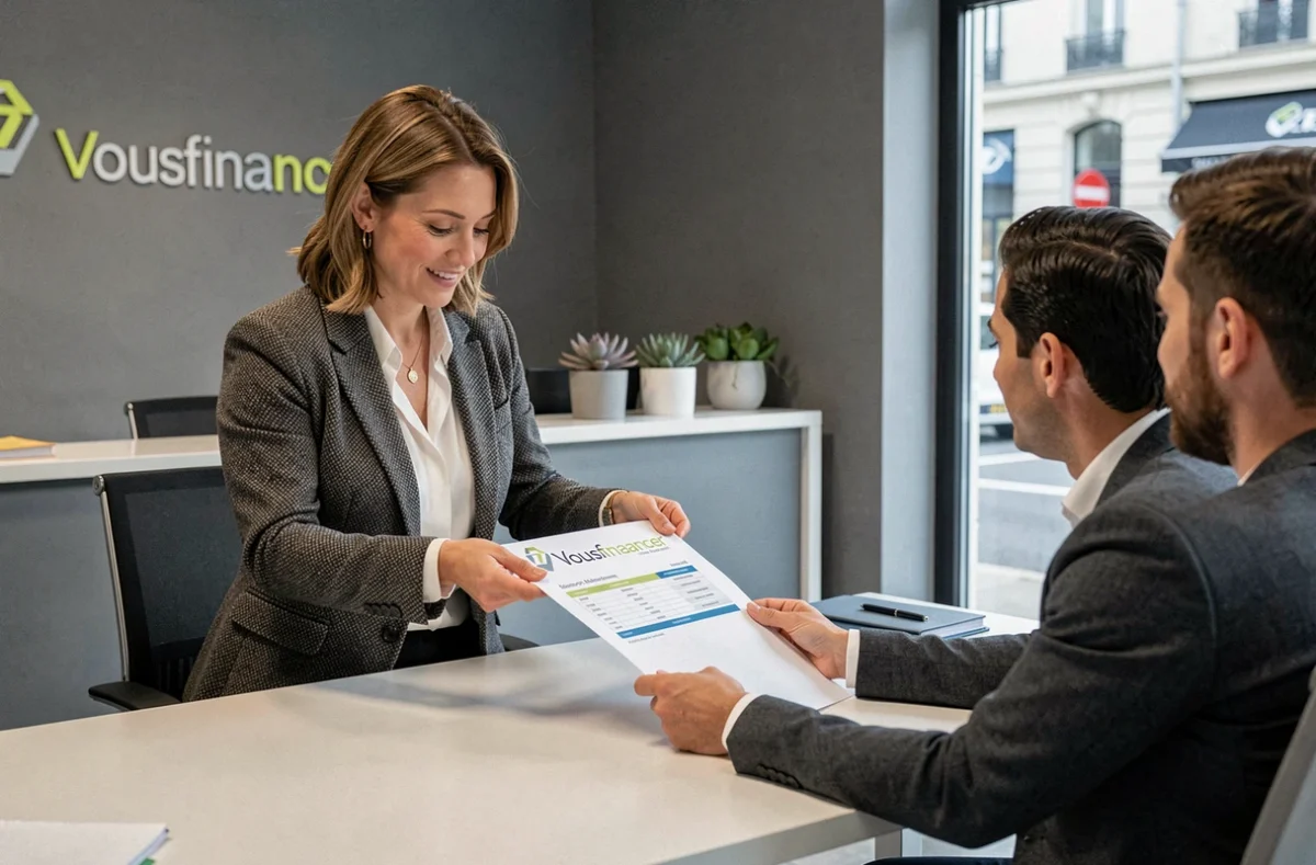 Une conseillère Vousfinancer à Vitry-sur-Seine présente un plan de financement immobilier à un couple dans une agence moderne
