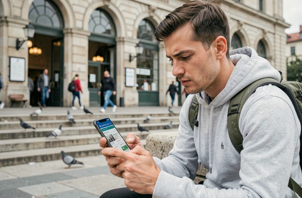 Voyageur consultant une application d'assurance voyage sur smartphone devant une gare européenne